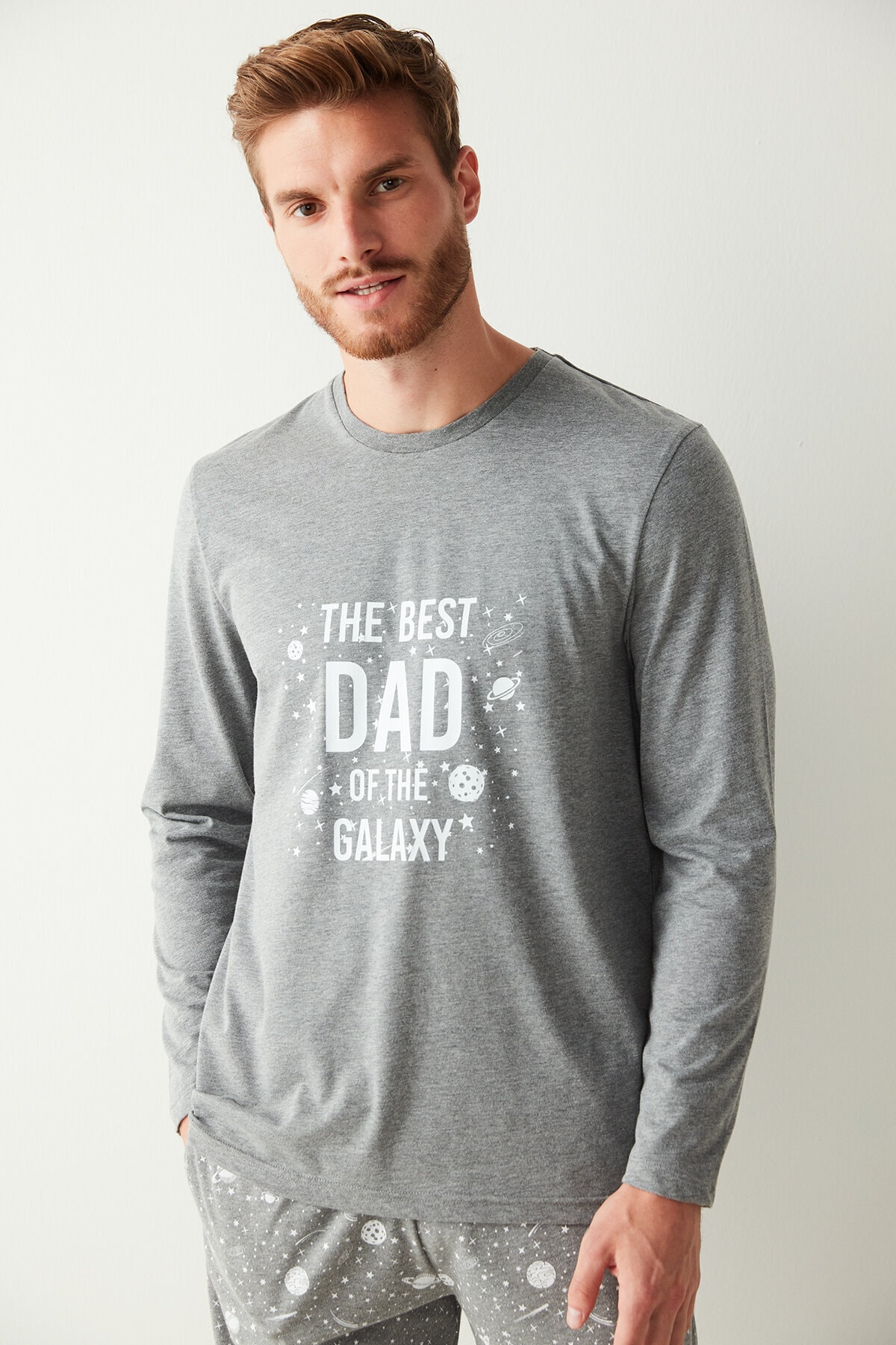 Penti Gri Erkek The Best Dad Of The Galaxy Slogan Baskılı Pijama Takımı