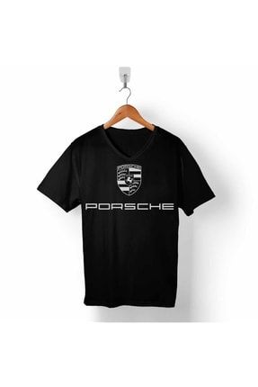 Erkek Siyah Porsche Logo 911 Gt3 Rsr Racıng Race Carrera V Yaka Tişört T05S1576