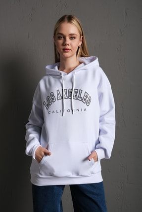 Kadın Beyaz Kapüşonlu Oversize Los Angeles Baskılı Hoodie Sweatshirt TS-KPŞBYZLSANGLS