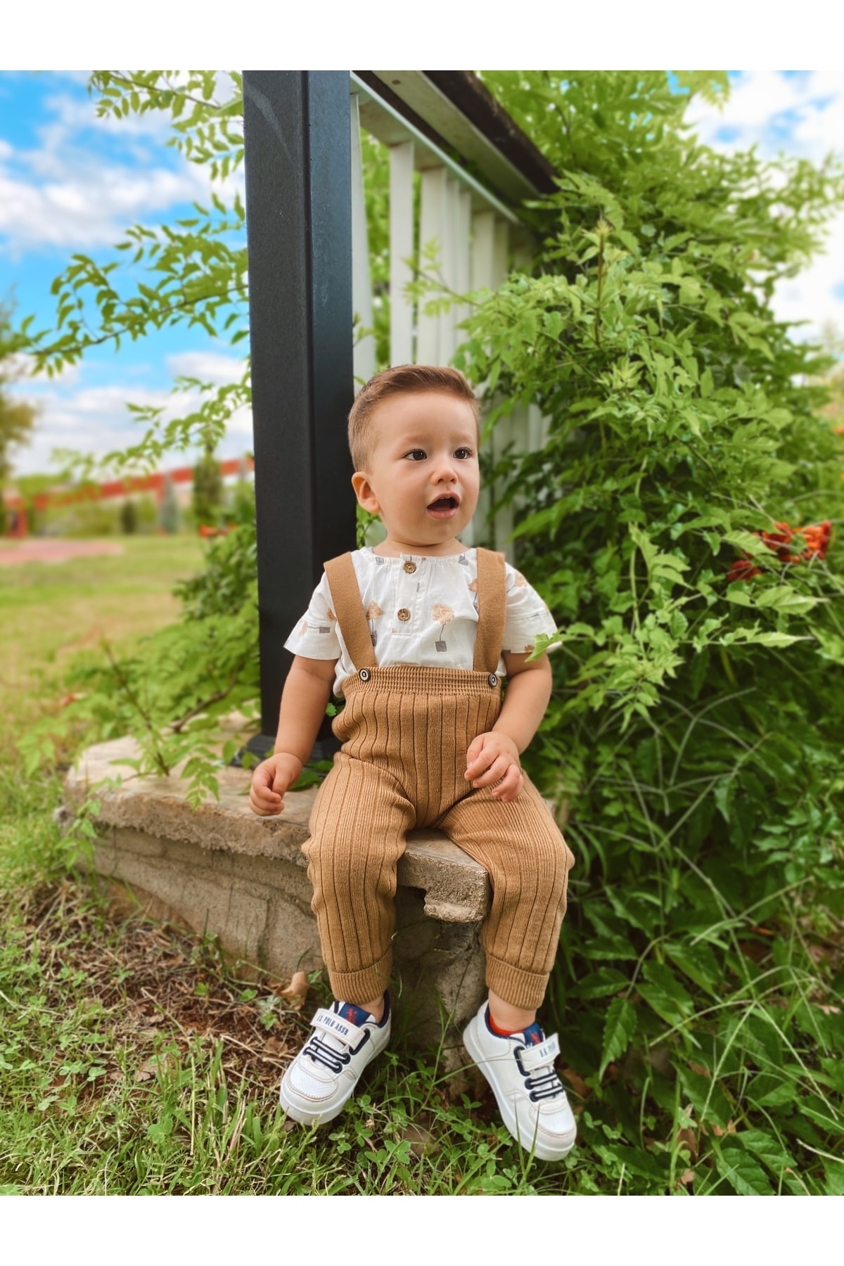 Asya Bebe Askılı Düğmeli Bebek Çocuk Triko Tayt Salopet Kahverengi fotoğrafı 5 (önizleme)