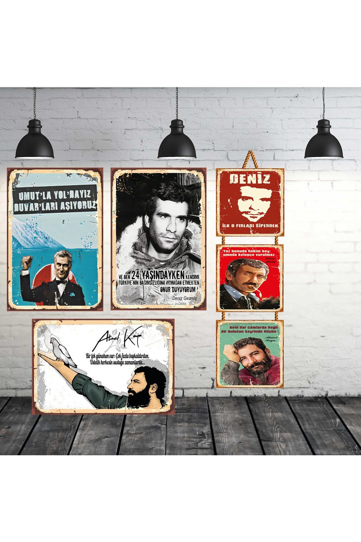 POSTERO Ahmet Kaya Yılmaz Güney Deniz Gezmiş 3 Adet 20x30 Cm 3 Adet 15x15 Cm Retro Ahşap Tablo