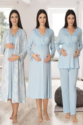 Kadın Mavi Uzun Kollu Pijama Takımı Gecelik Sabahlık Lohusa Hamile 4'lü Set 8096