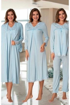 Lohusa Pijama Gecelik Sabahlık Takım Effort 7036-mavi EFFRT7036PJM