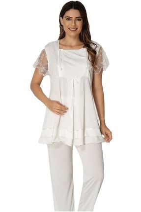 Kadın Ekru Lohusa Gecelik Sabahlık Pijama Takımı Hamile 4'lü Set 2050 2050EKRUHM