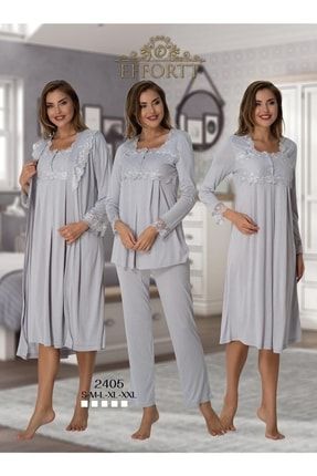 Kadın Gri Hamile Lohusa Gecelik Sabahlık Pijama Takımı 4'lü Set 2405-3