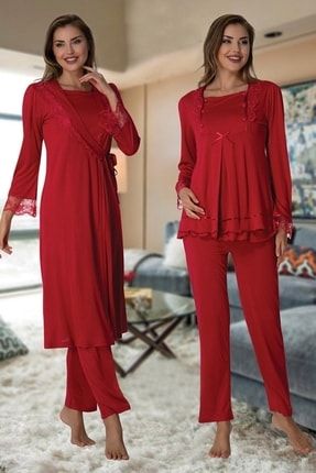 T Sabahlıklı Gecelik Lohusa Pijama Takımı 3 Lü Set 2018 TYC00389159224