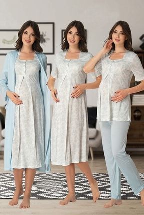 Lohusa Pijama Takım Gecelik Sabahlık Set Effort 8016-mavi EFFRT8016PJM