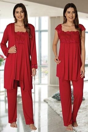 Pijama Sabahlıklı Lohusa Pijama Takımı Kırmızı 2301