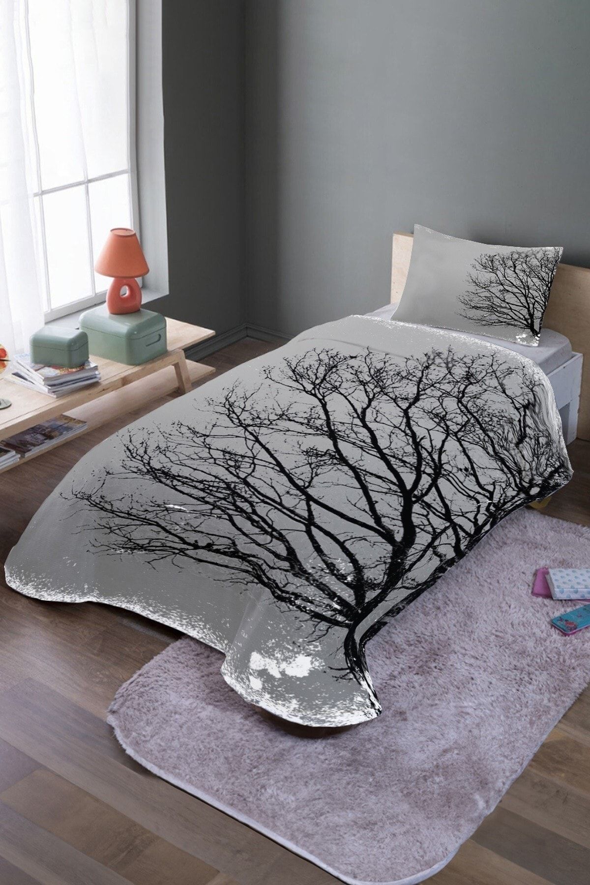 EVPANYA-Black Tree Patterned Single Bedspread and Pique Set 1