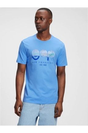 Erkek Mavi Logo Grafik Desenli T-shirt 857073