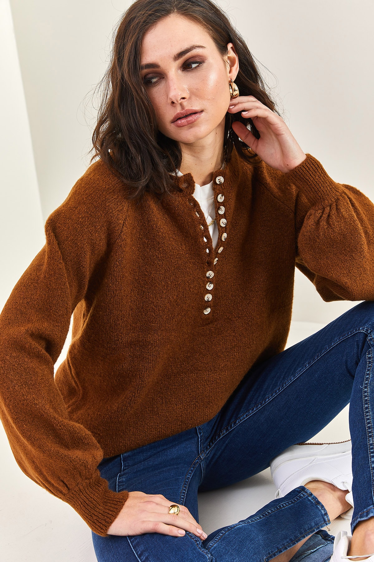 Bianco Lucci Damen-Strickpullover mit Knopfloch-Rollkragenpullover