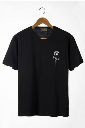 Unisex Siyah Önü Gül Baskılı Bisiklet Yaka Oversize Kalıp Basic Pamuklu T-shirt VAVN22Y-3400761-9