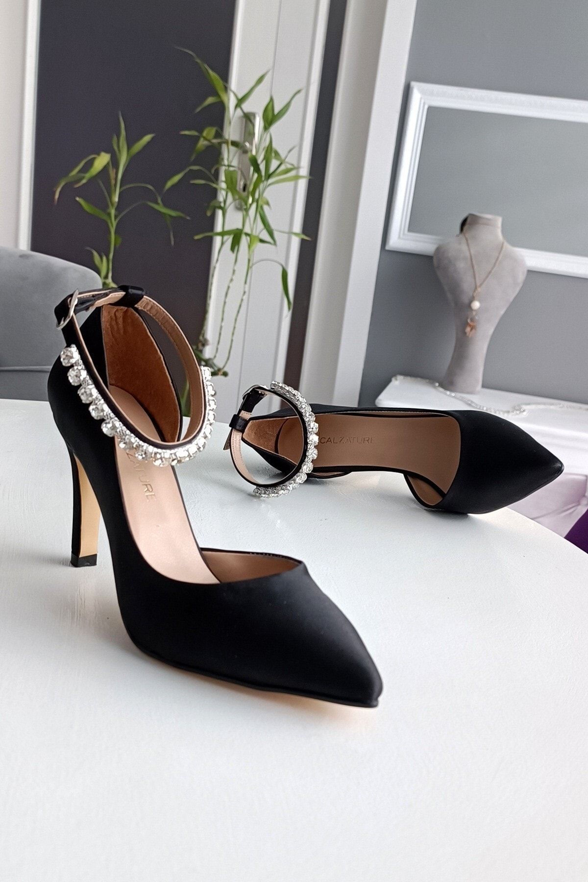 LA CALZATURE Black Satin 9cm Heeled Stone Anklet with Ankle Belt