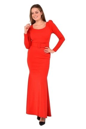 Kadın Abiye Kemer Detaylı Krep Kumaş Balık Elbise Kırmızı 319