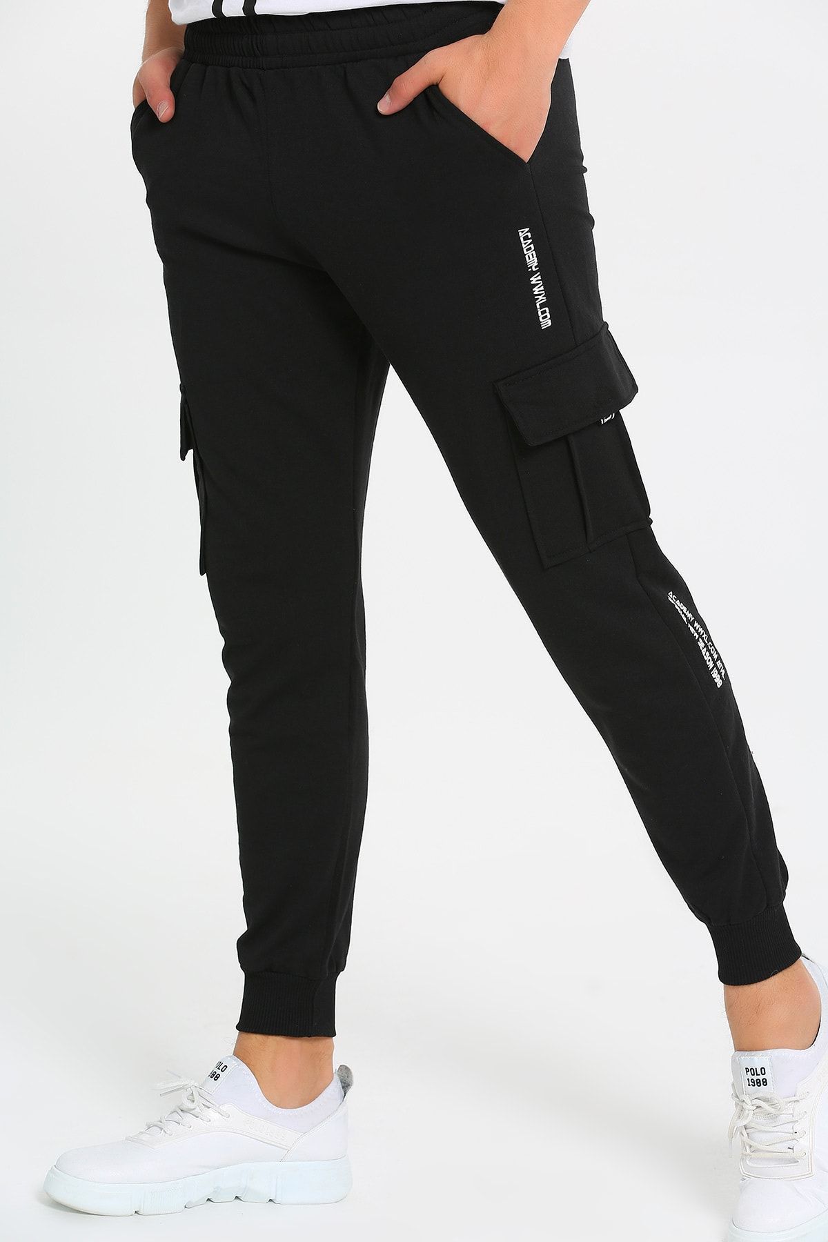 JACKAL CO. Academy Wwl Baskılı Kargo Cepli Paça Lastikli Siyah Unisex Slimfit Eşofman Altı