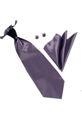 Mor Damatlık Tuxedo Taşlı Kravat Mendil Kol Düğmesi Set AK0006