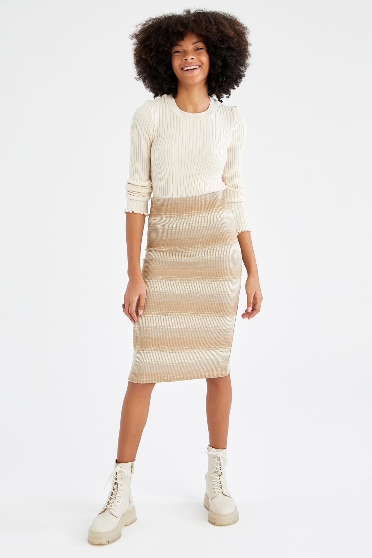 Knit lace fringe clearance midi pencil skirt