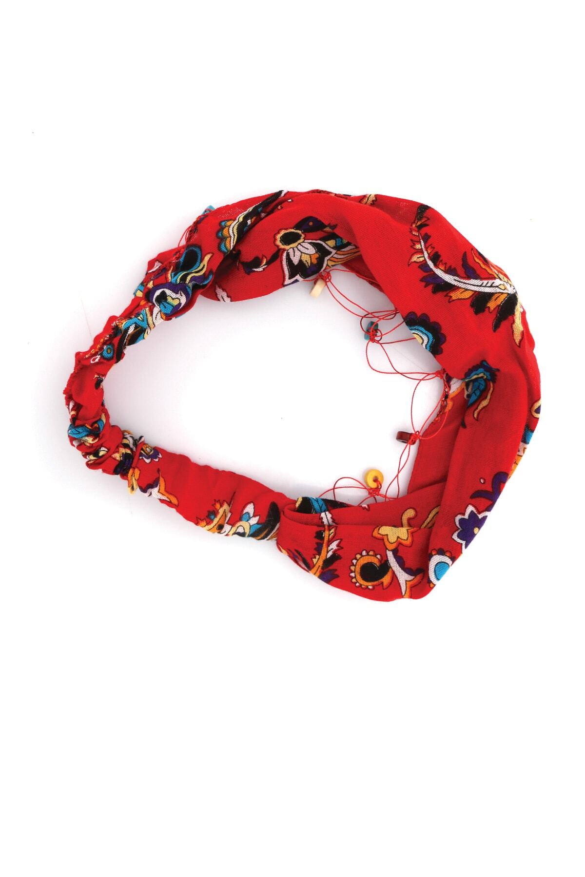 Renkli Boncuklu Paraşüt Lastikli Bandana Kırmızı 8