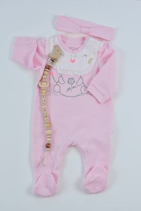 Yeni Doğan Kız Bebek Patikli Uzun Kollu Tulum-bandana İkili Takım Pamuklu SKYBABY1420