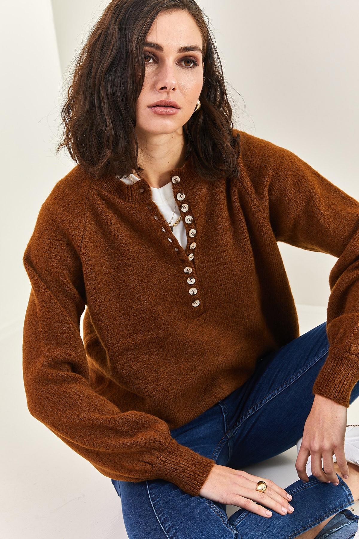 Bianco Lucci Damen-Strickpullover mit Knopfloch-Rollkragenpullover