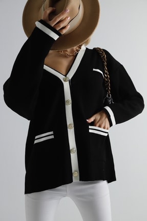 winter club Siyah Gold Düğmeli Şerit Detaylı Oversize Triko Hırka