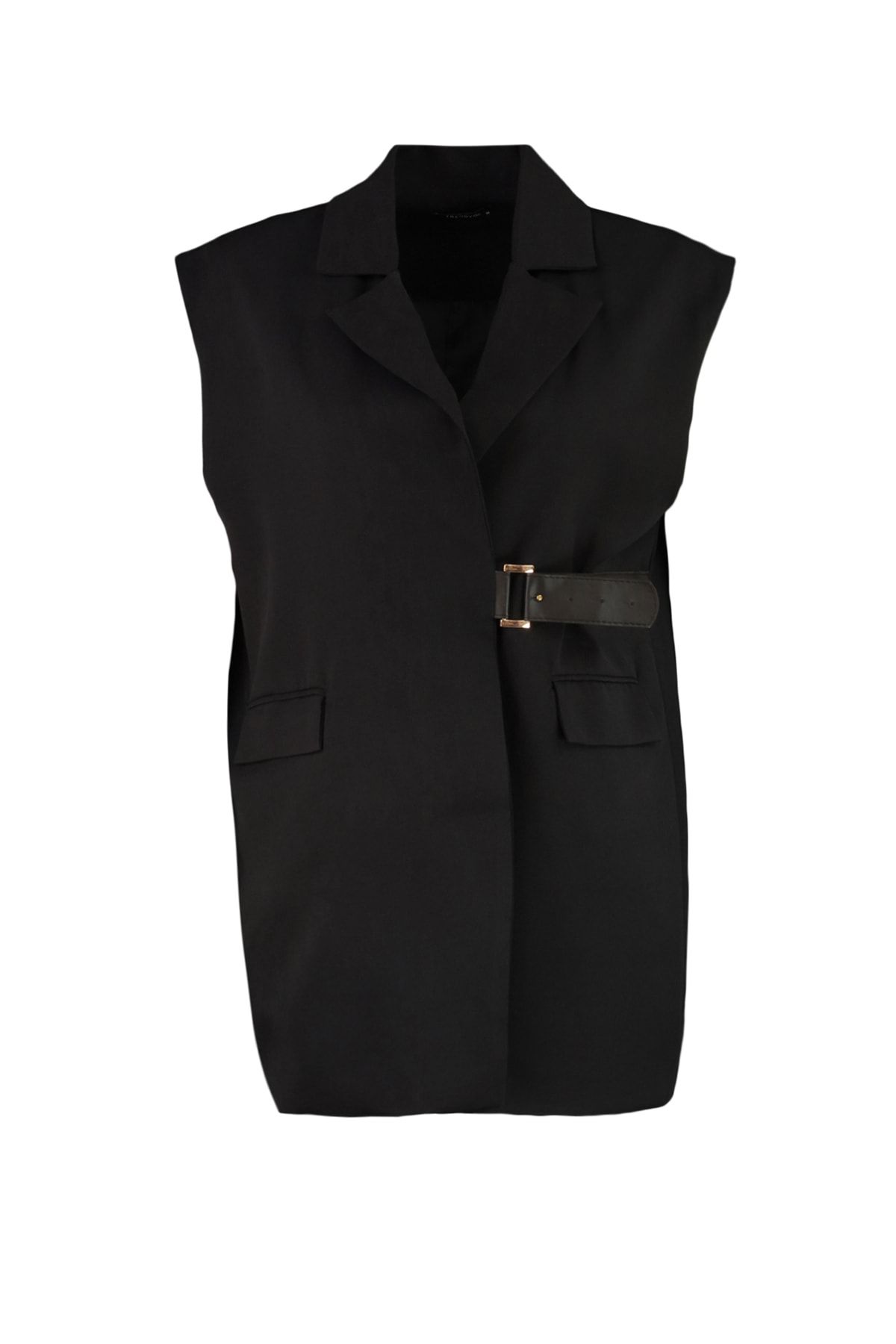 Trendyol Modest-سترة منسوجة بنصف حزام خصر أسود TCTAW23YL00006 6