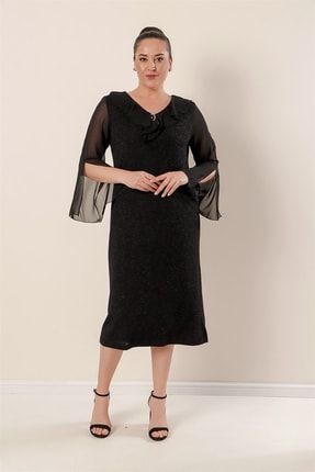 Yaka Ve Kollar Şifon Astarlı Likralı Simli Büyük Beden Elbise Siyah S-22K0520037-Siyah