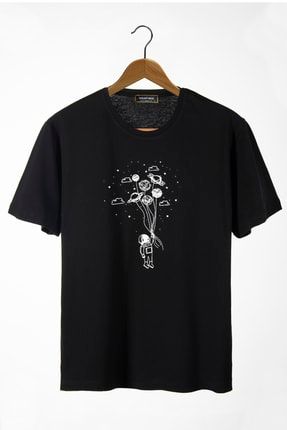 Unisex Siyah Önü Balon Baskılı Bisiklet Yaka Oversize Kalıp Basic Pamuklu T-shirt VAVN22Y-3400761-4