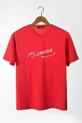 Unisex Kırmızı Önü Atatürk Imza Baskılı Bisiklet Yaka Oversize Pamuklu T-shirt VAVN22Y-3400762-55