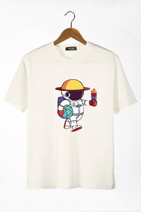 Unisex Ekru Önü Renkli Astronot Baskılı Bisiklet Yaka Oversize Kalıp Basic Pamuklu T-shirt VAN22Y-3400761-16
