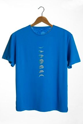 Unisex Mavi Bisiklet Yaka Önü Gezegen Baskılı Oversize T-shirt VAVN22Y-3400761-8
