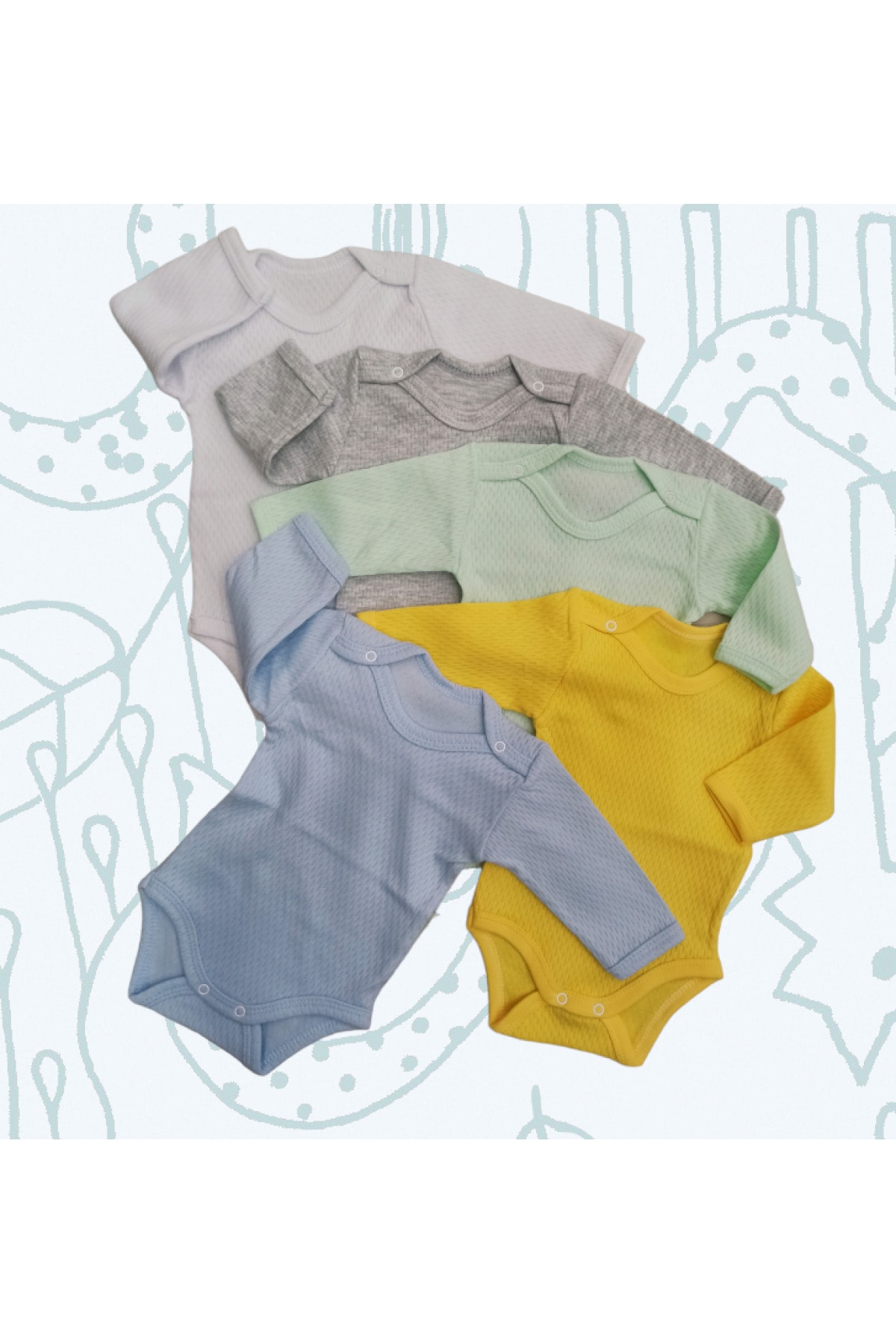  بادی آستین بلند یقه گرد جلو چسبان، پارچه تنفس پذیر، رنگ ثابت (بسته ۵ عددی) مناسب برای ۰-۴۸ ماه