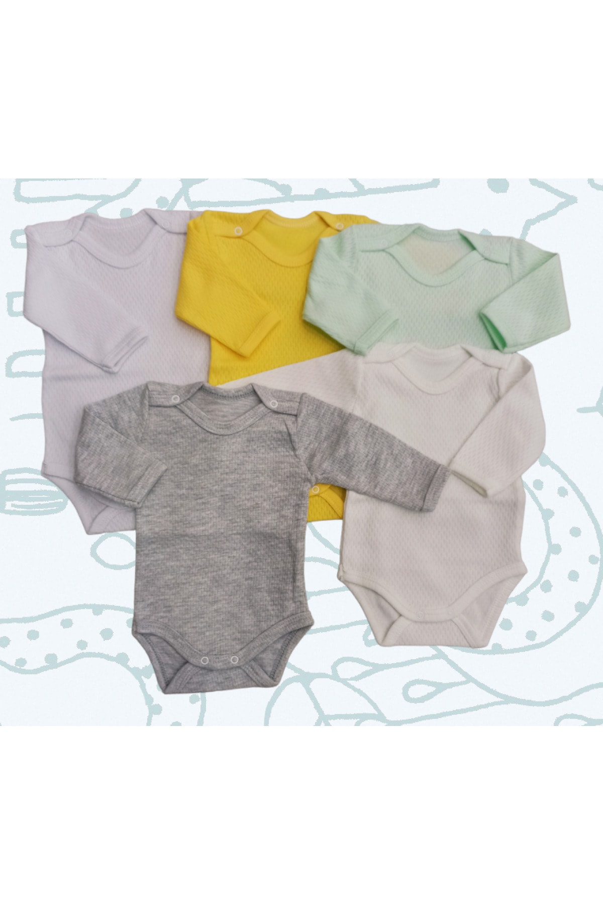  بادی آستین بلند یقه گرد جلو چسبان، پارچه تنفس پذیر، رنگ ثابت (بسته ۵ عددی) مناسب برای ۰-۴۸ ماه