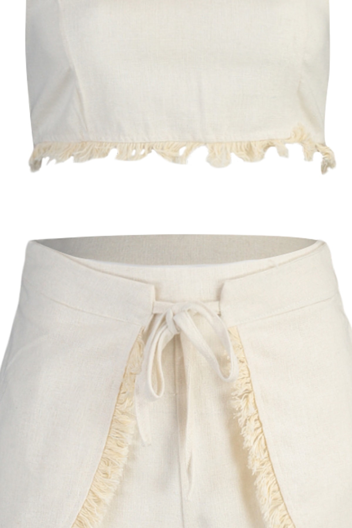 Trendyolmilla  Plaj Giyim Bej Dokuma Püskül Yüksek Bel Bluz-Şort Takım TBESS22AU0141 - Görsel 7