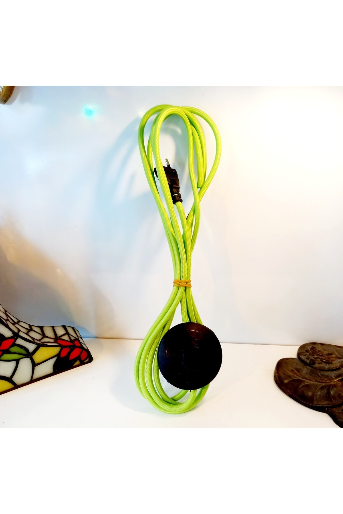 SUPERSTOK Yeşil Renk Aç Kapa Anahtarlı Fişli Abajur Lambader Kablosu Bez Kablo 2.90 cm