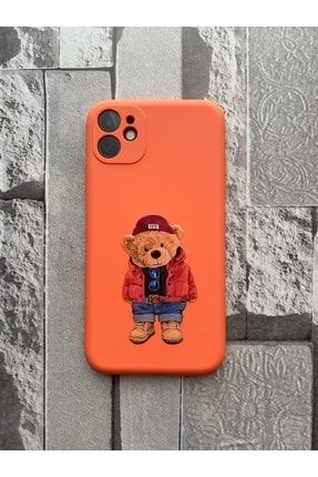 Iphone 11 Uyumlu Teddy Bear Desenli Kamera Korumalı Turuncu Silikon Kılıf SRRWTEDDY