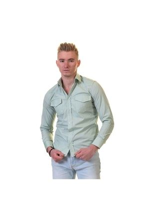 Erkek Çağla Yeşili Çift Cepli Stil Slim Fit Gömlek BC7715