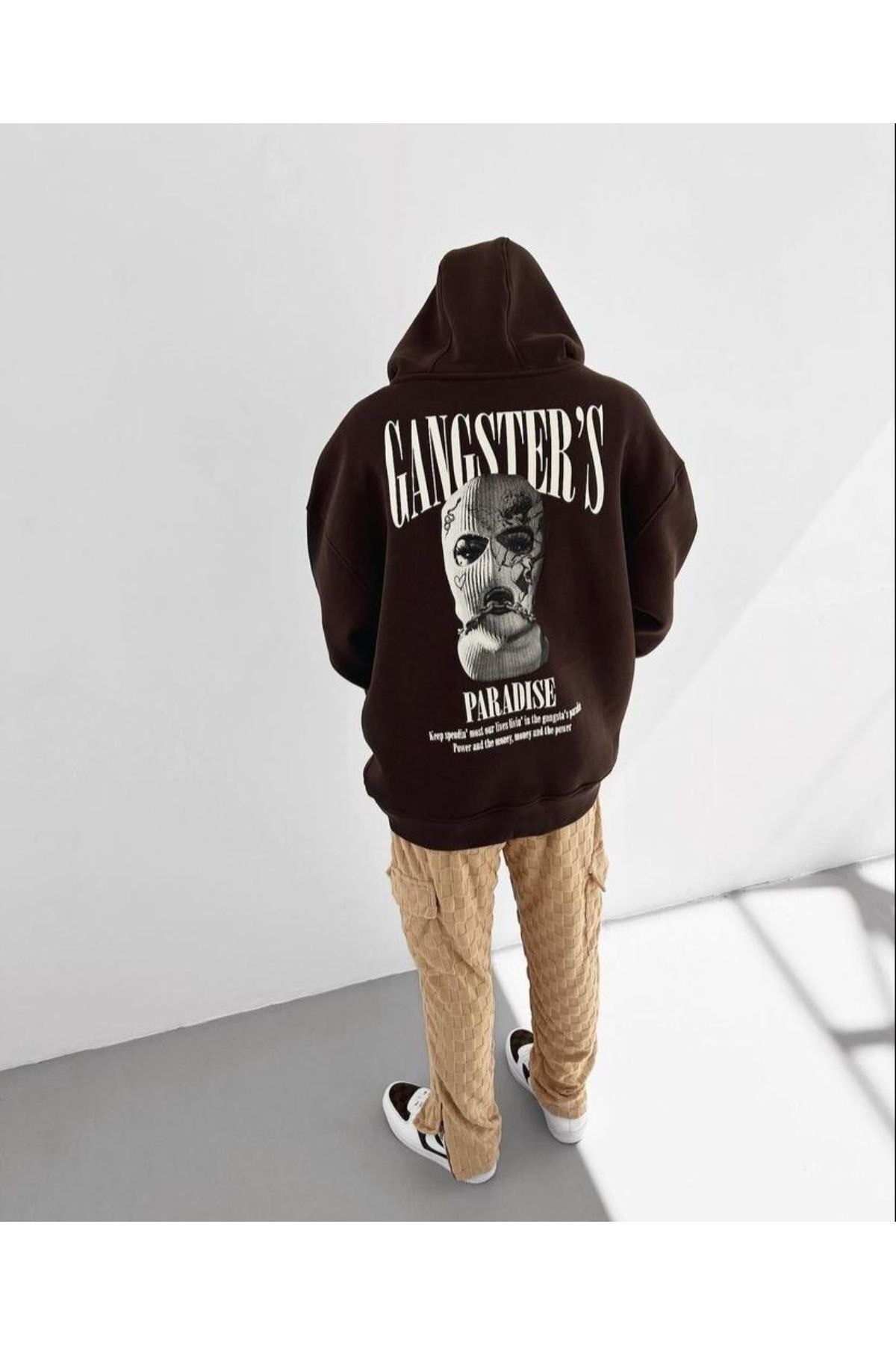 Black Sokak Blacksokak Unisex Kahverengi Gangster Baskılı Oversize Kapüşonlu Sweatshirt