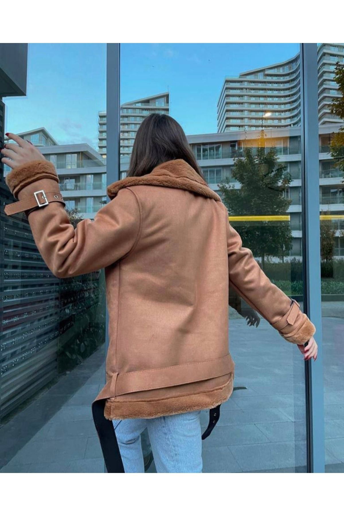 Tan faux outlet shearling biker jacket