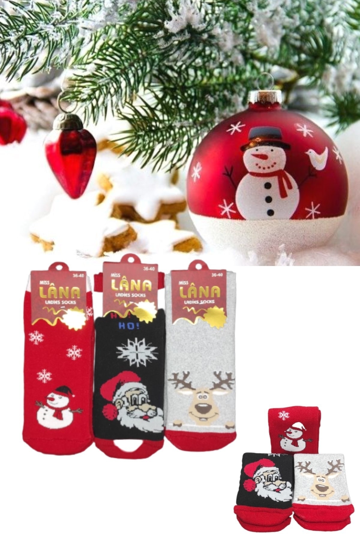 Kadın Yılbaşı Çorabı Organik Pamuklu (3 ÇİFT) Özel Üretim Kaliteli Dokuma Noel Hediye Çorap — görsel 2