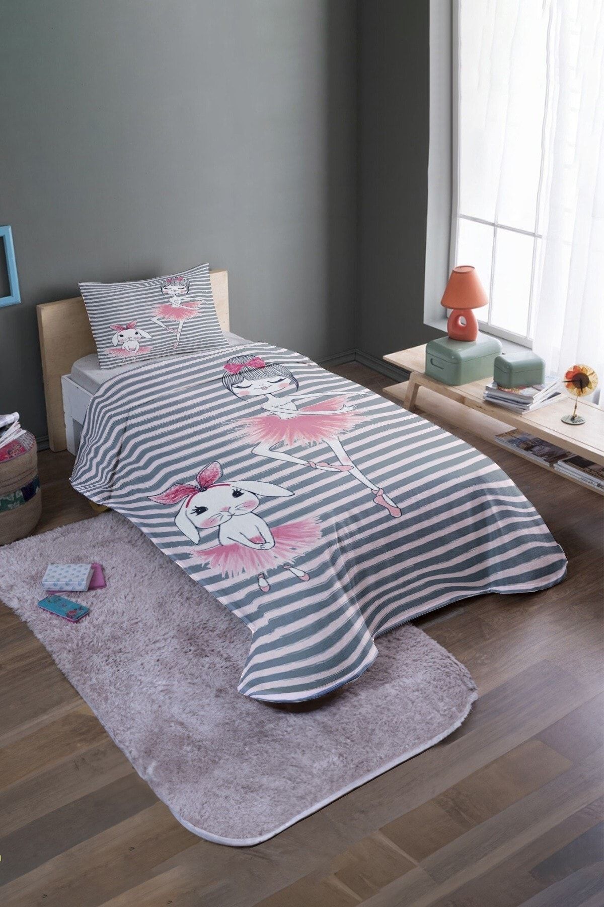 EVPANYA-Gray Ballerina and Rabbit Patterned Single Bedspread and Pique Set 2