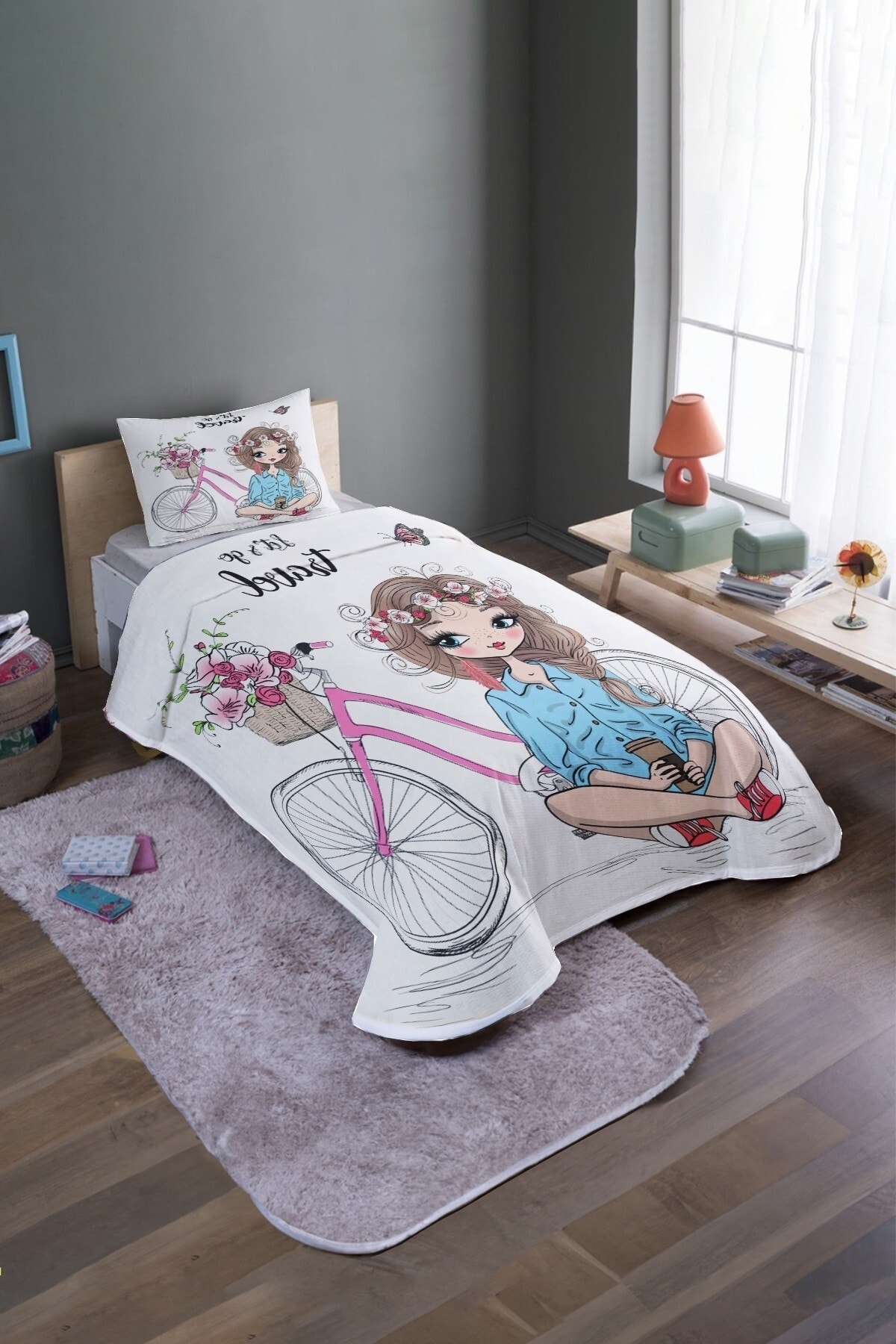 EVPANYA-Girl on a Bicycle Patterned Single Bedspread and Pique Set 2