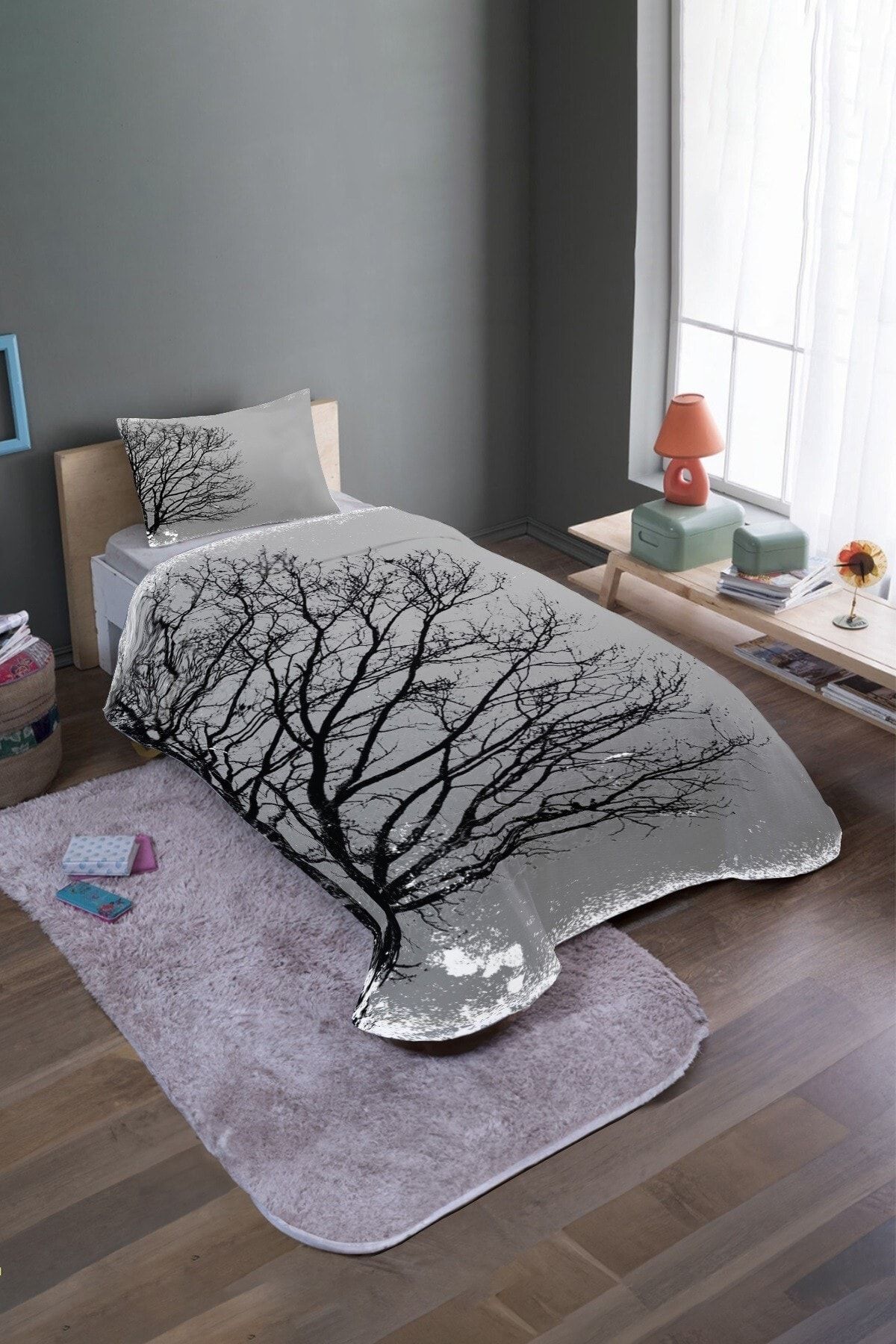 EVPANYA-Black Tree Patterned Single Bedspread and Pique Set 2