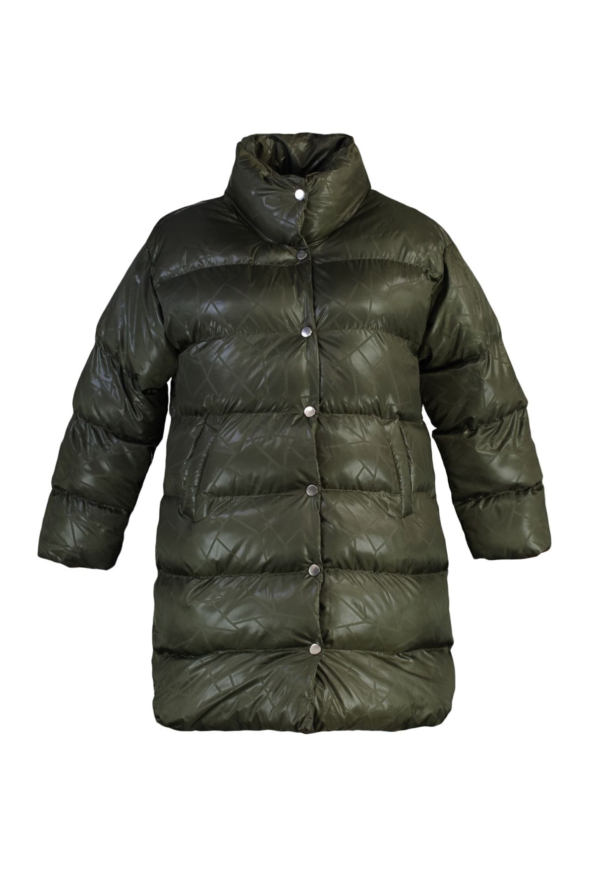 Trendyol Curve-Khakifarbene Pufferjacke mit Stehkragen und Print TBBAW23AW00032 6