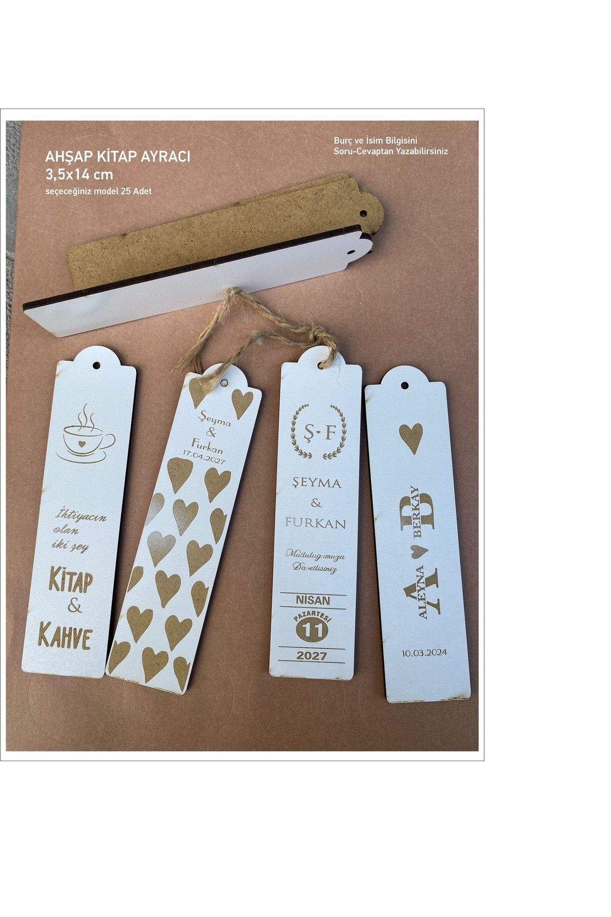43 cici süsler organizasyon Logodnă Nuntă Henna Mevlid Cadou Semn De Carte Din Lemn 3,5x14 Cm 25 Buc. - One Size
