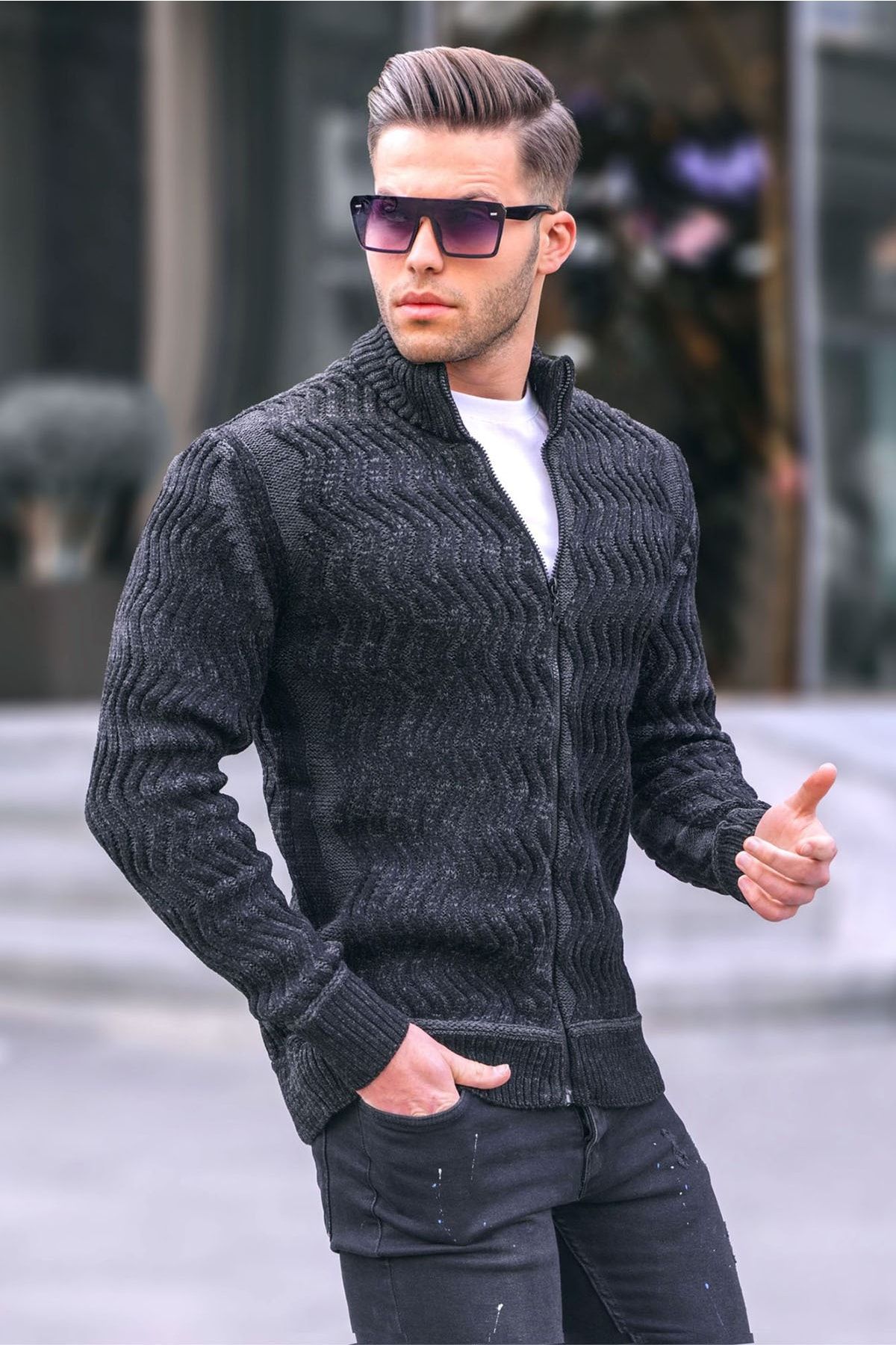 Madmext Strickjacke Schwarz Regular Fit