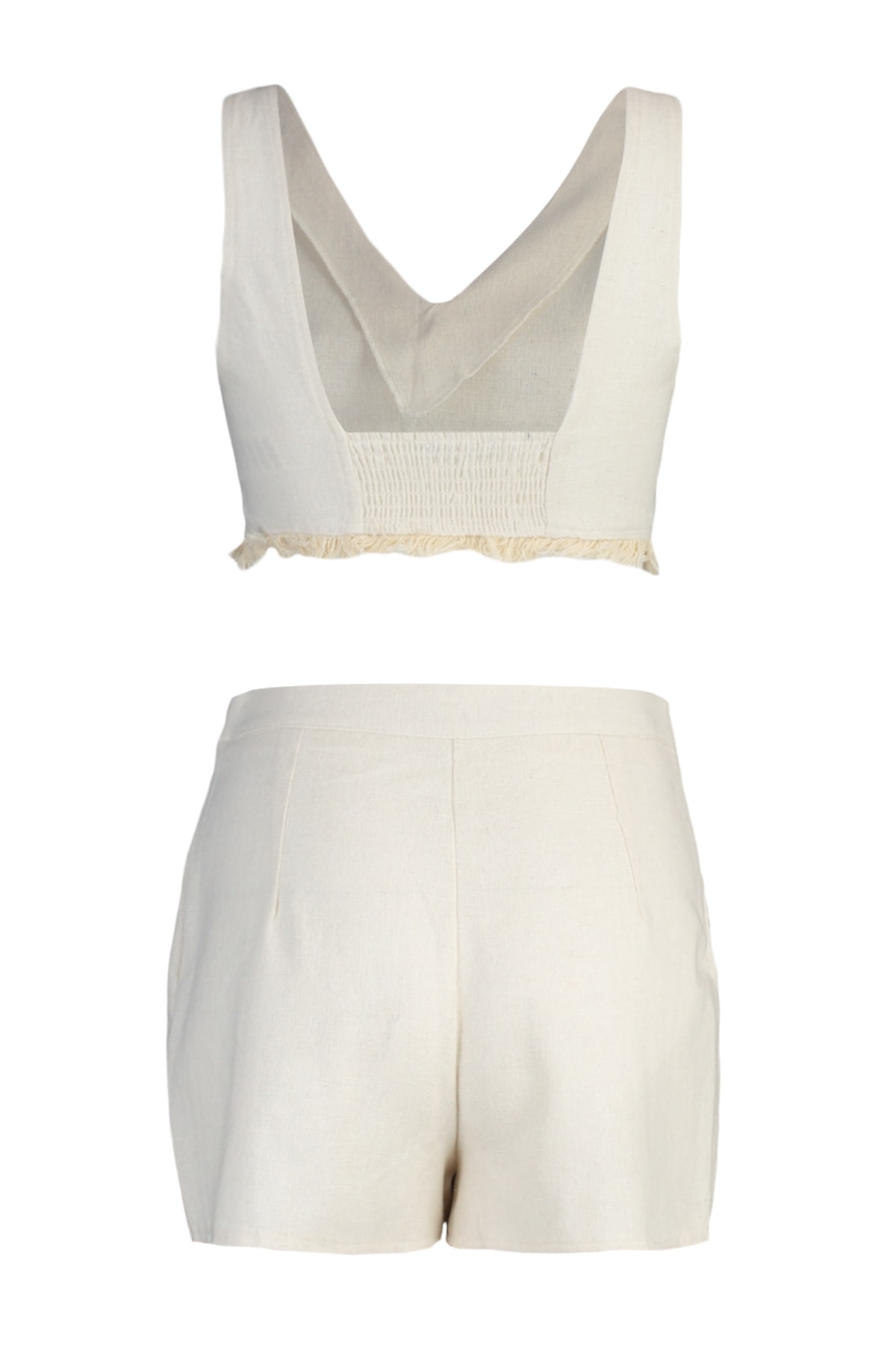 Trendyolmilla  Plaj Giyim Bej Dokuma Püskül Yüksek Bel Bluz-Şort Takım TBESS22AU0141 - Görsel 8