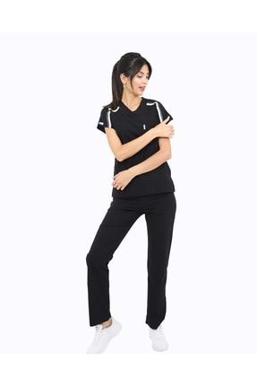 Comfy Sport Kadın Likralı Uniforma Siyah Doktor Hemşire Sağlıkçı Forması csK06