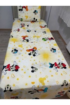 Tek Kişilik Ara Beden 120x200 Ranforce Lastikli Çarşaf Takımı Sarı Mickey Mouse 120tek