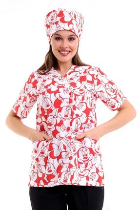 Kırmızı Mickey Mouse Desenli Kadın Tek Üst Scrubs Forma TXDFB591AE296